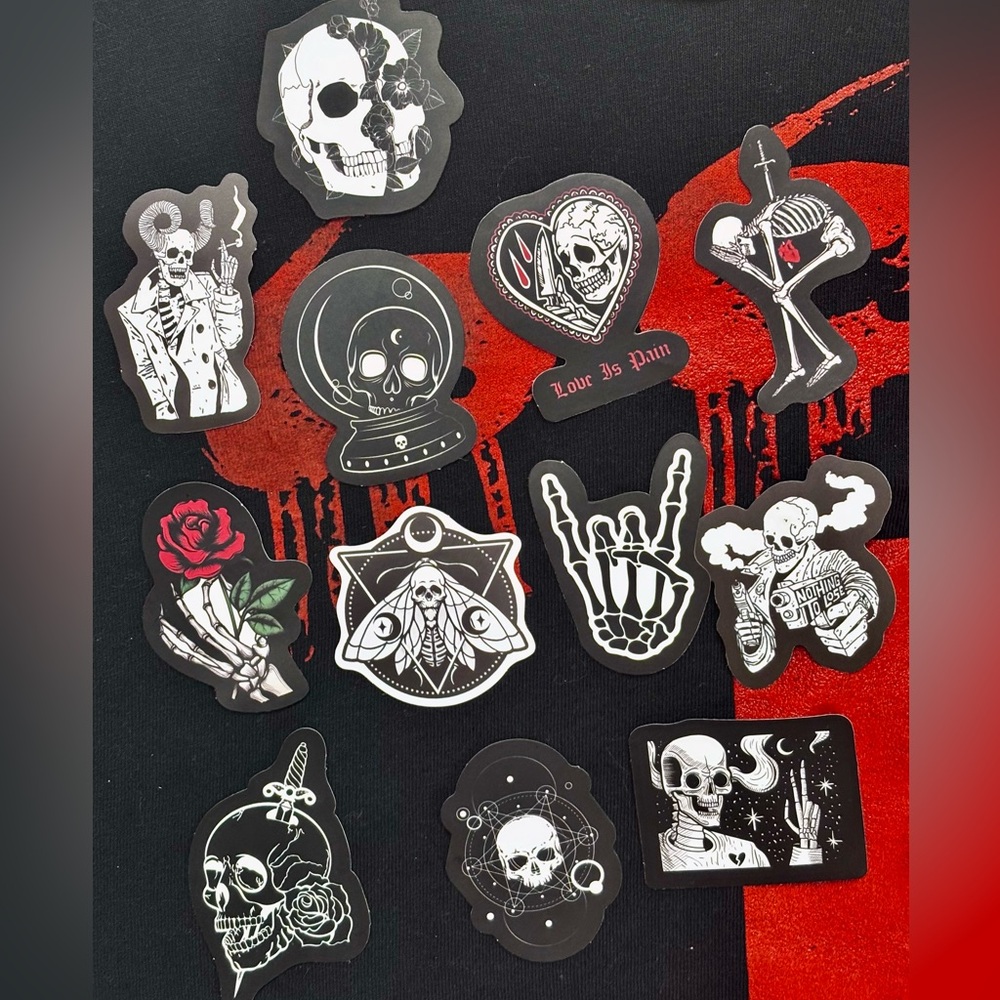 2/$13 for 🎃 12pcs - Skulls Sticker Set - Black, Red, White from 2x2 to 3x3